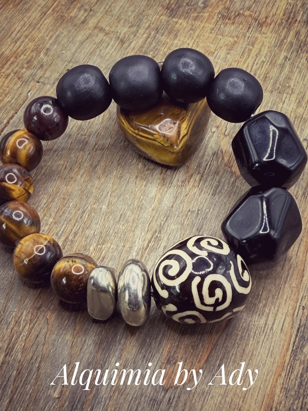 Tiger eye Black & Brown Mixed Bead Focal Bracelet Sculptural